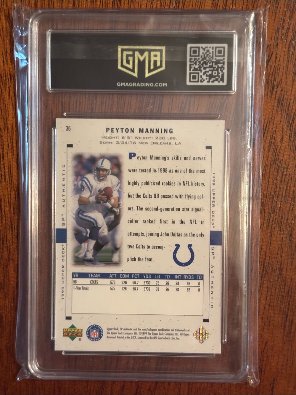 Peyton Manning 1999 SP Authentic Card - Indianapolis Colts SLABBED
GEM MINT 10 - Picture 6 of 6